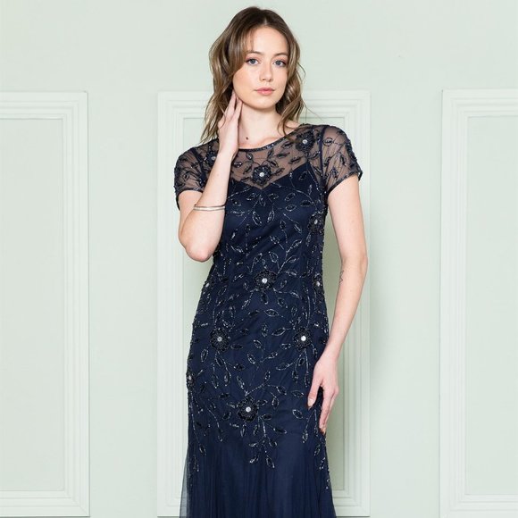 Amelia Couture Dresses & Skirts - NEW LONG A-LINE MESH GOWN WITH ILLUSION SCOOP NECKLINE & SHEER SLEEVES AC IN002